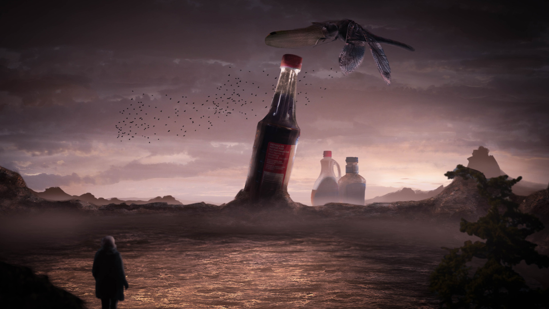 A giant dragonfly settles on a giant coke bottle.