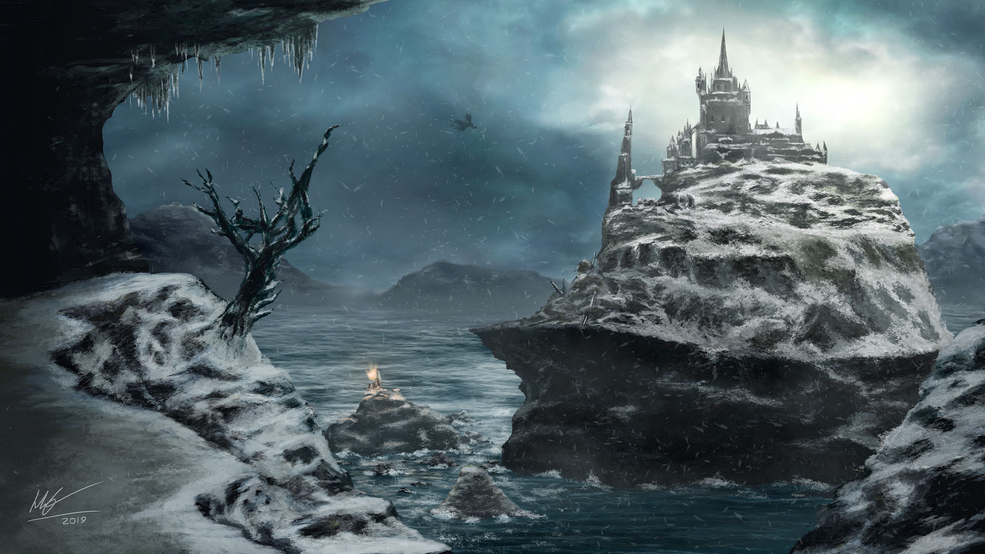 A dark castle surrounded by snow.